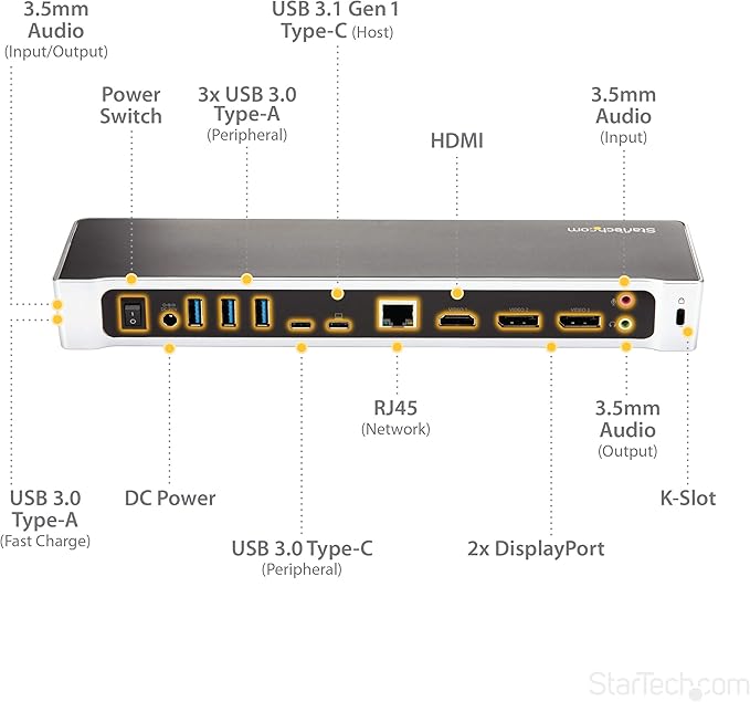 StarTech.com USB-C Triple Monitor Docking Station for MacBook Pro / Air M1 M2 M3 M4 & Windows, Universal 4K HDMI DP Dock, Thunderbolt Compatible, 60W Laptop Charging - TAA