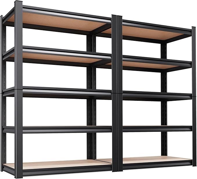 Set of 2 Garage Shelving, 2000LBS Heavy Duty Storage Shelves, 5-Tier Metal Shelf, Adjustable Shelving Unit, for Basement, Pantry, Kitchen, Warehouse, 13.8''Dx31.5''Wx71.2''H, Black