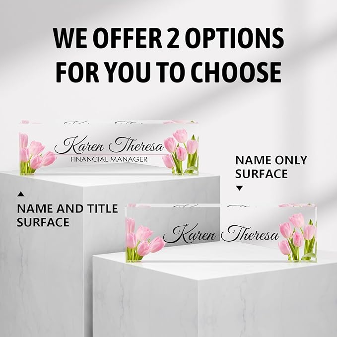 Custom Office Name Plate, Personalized Gifts for Women & Employees, Office Desk Accessory (Pink Tulip)