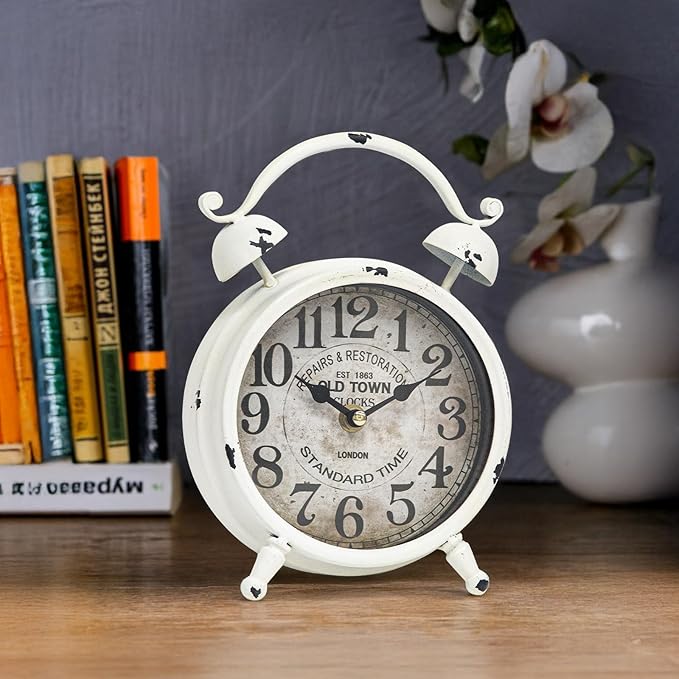 Vintage White Desk Clock with Distressed Finish, Rustic Farmhouse Table Clock, Silent Non-Ticking Mantel Clock for Bedroom, Living Room, or Shelf, Battery Operated