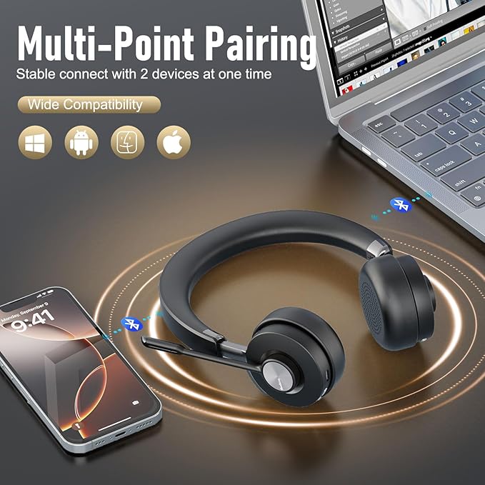 MAIRDI Bluetooth Headset with Microphone for PC, Hybrid Active Noise Cancelling (ANC) Wireless Headset, HD Audio with USB Adapter for Computer Office Work Call Center Laptop Teams
