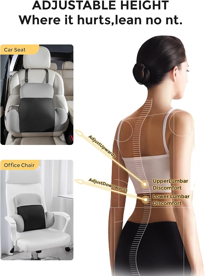 BEBAS Adjustable Air Lumbar Support Pillow for Office Chair, Car & Gaming Chair - Memory Foam Lower Back Cushion - Customizable Air Support for Back Pain Relief & Posture Correction