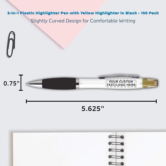 DISCOUNT PROMOS Personalized Plastic Highlighter Pens - 100 pack - Customizable Text, Logo - Black