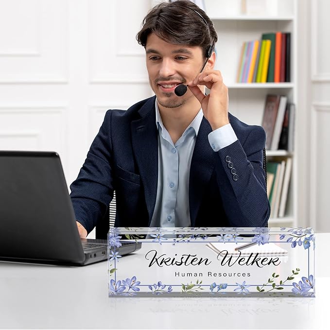 Desk Name Plate Personalized, Custom Name Plate for Desk, Office Desk Decor for Women Men, Acrylic Desk Accessories, Office Gifts for Coworkers Boss Teacher, Employee Appreciation Gifts (Blue Folwers)
