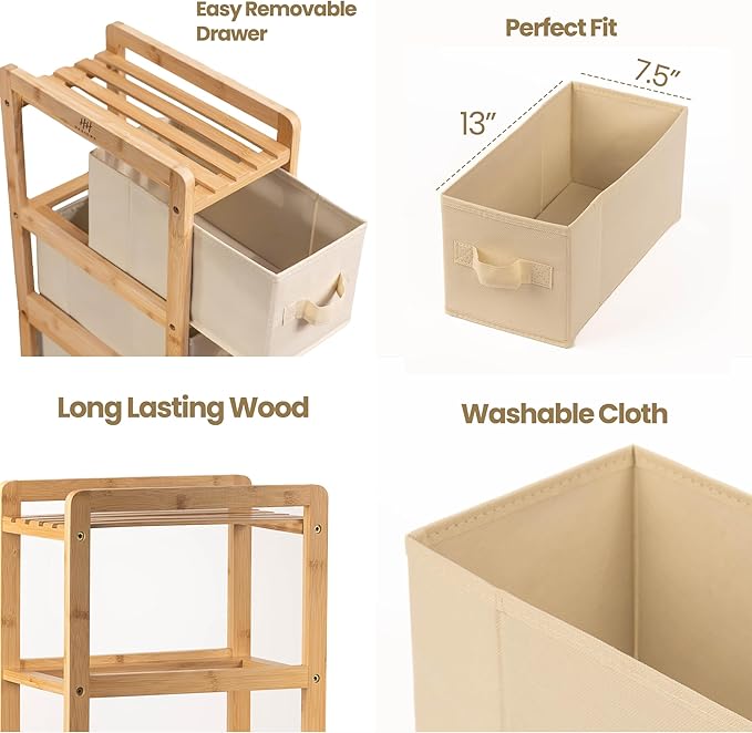 HH DESIGNS Wooden Narrow Dresser- Skinny with 4 Fabric Drawers- Slim for Small Spaces- Vertical Bamboo Storage- Skinny for Bedroom, Living Room, Laundry Room