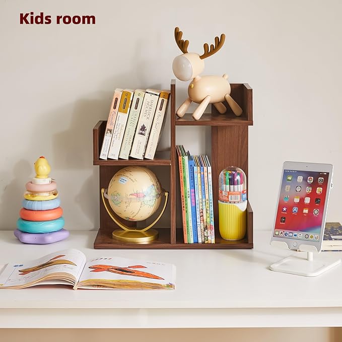 Small Bookshelf - Unique Cactus Design, Kitchen Counter Shelf, Light Walnut Wood, YD-DSR002LW