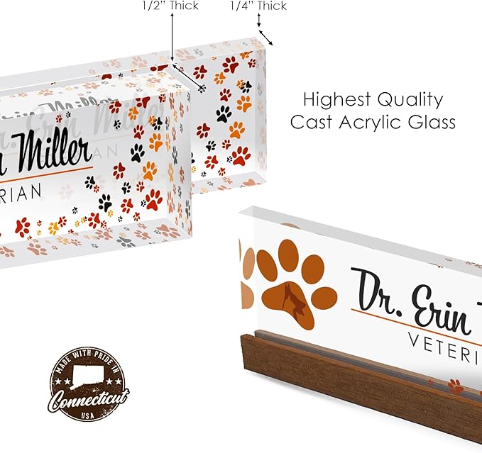 Artblox Personalized Office Desk Name Plate and Business Card Holder | Clear Acrylic Glass with Teak Wood Stand | Vet Animal Design Customized with Your Name and Credentials Office Desk Décor