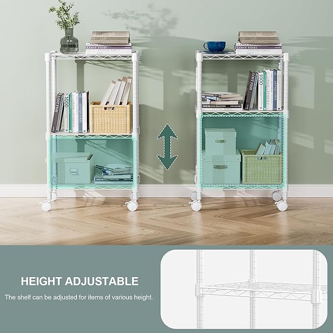 3 Tier Shelf Metal Storage Shelves Wire Rack Closet Organizers with Wheel for Garage Kitchen Bathroom Laundry White 11.8" D x 17.7" W x 29.8" H