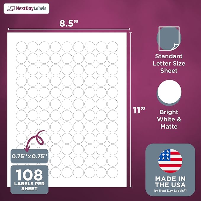 NextDayLabels 0.75 Inch Round Circle Stickers White for Bleeds Laser Inkjet - 108 Per Sheet Self-Adhesive Color Coding Inventory Labels Made in USA - 10,800 Labels