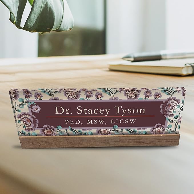 Artblox Personalized Office Desk Name Plate and Business Card Holder | Clear Acrylic Glass with Teak Wood Stand | Vintage Design Customized with Your Name and Credentials Office Desk Décor