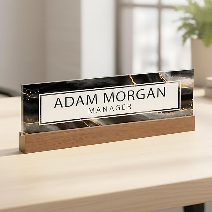 ARTBLOX | Office Personalized Name Plate Black Gold Marble Design On Clear Acrylic Glass for Desk with Business Card Holder