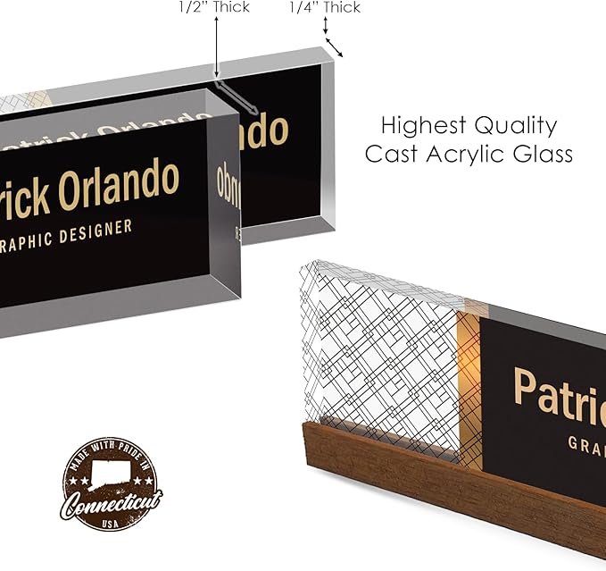 Artblox Personalized Office Desk Name Plate and Business Card Holder | Clear Acrylic Glass with Teak Wood Stand | Abstract Net Design Customized with Your Name and Credentials Office Desk Décor