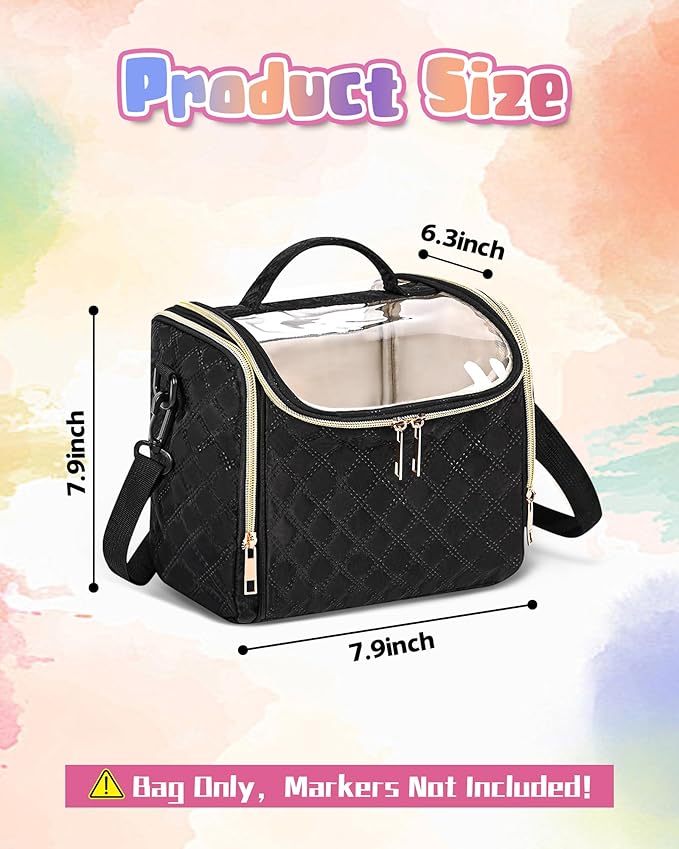 Marker Organizer Case for 72 Markers, Small Marker Storage Bag with Removable Divider & PVC Top, Portable Marker Pen Carrying Case with Handle & Shoulder Strap, Black
