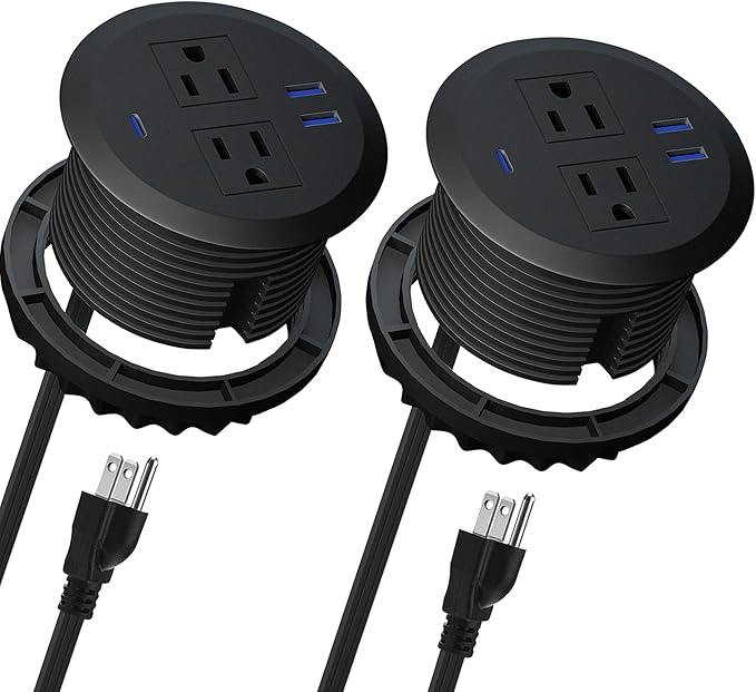2PCS 3 Inch Desktop Power Grommet,10ft Cord,20W USB C Fast Charging Station,3-USB Port,Flush Mount.Round Recessed Power Strip Desk Hole Grommet Outlet for Workspace,Sofa,Black
