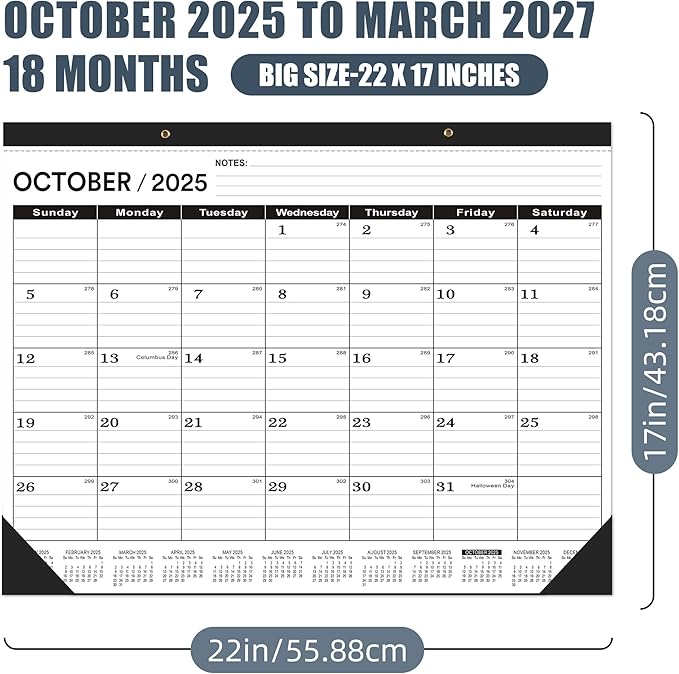 Desk Calendar 2025-2026 large 22 x17 (October 2025-March 2027) 2025-2026 Desk Calendar Large 22 x17,Classic Black Calendar 2026,Large Calendar 2026 with Plastic Cover