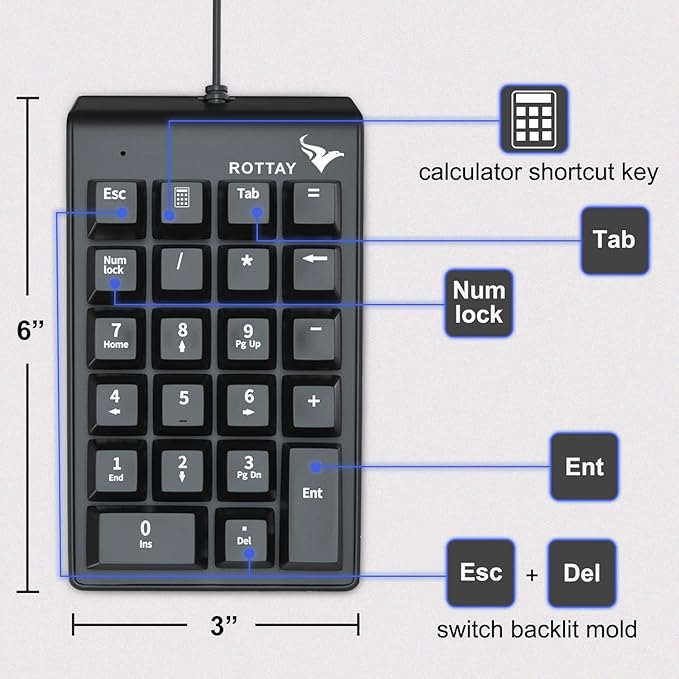 Rottay Number Pad, Mechanical USB Wired Numeric Keypad with Blue LED Backlit 22 Key Numpad for Laptop Desktop Computer PC Black (Blue switches)