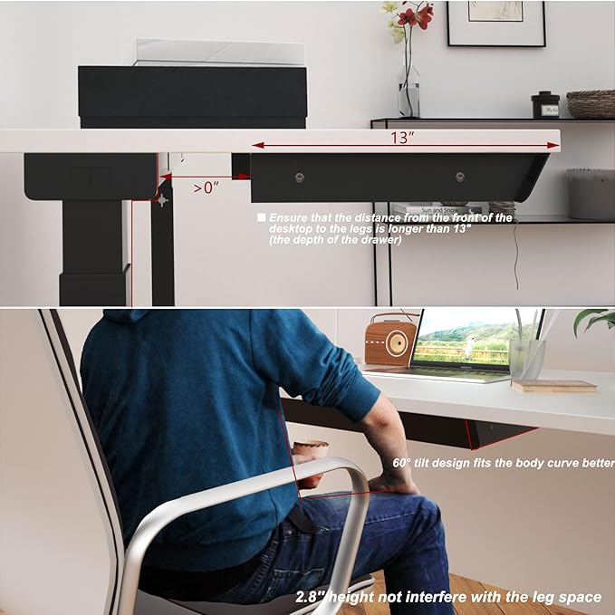 Large Under Desk Mounted Sliding Drawer with Pencil Tray and 60 Degree Tilt Panel to Pull Out, 22'' Long & 13'' deep Large Storage Organizer for Sit Stand Workstation