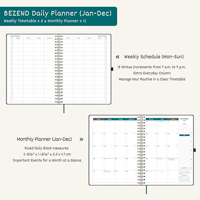 BEZEND Daily Appointment Book 2026 Page per Day Even Weekends (Large-8.25" x 11.75") 15-Minute Timeslots in 4 Columns, Monthly Planner with Tabs & Week Schedule, PU Leather Softcover in Cornflower