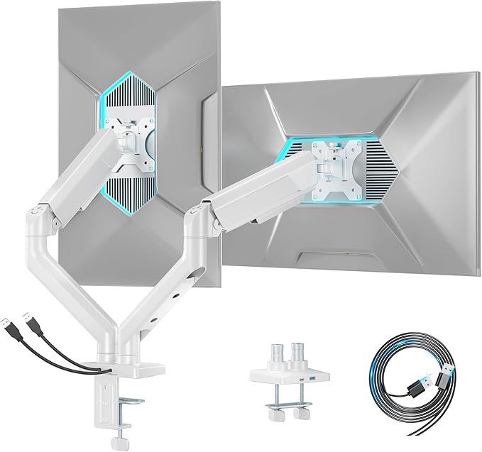 ARES WING Dual Monitor Mount, Heavy Duty Monitor Arms for 2 Monitors for 17-35 Inch, Fully Adjustable Monitor Desk Stand with USB A/C for Ultrawide Screen, VESA 75x75 or 100x100mm, White