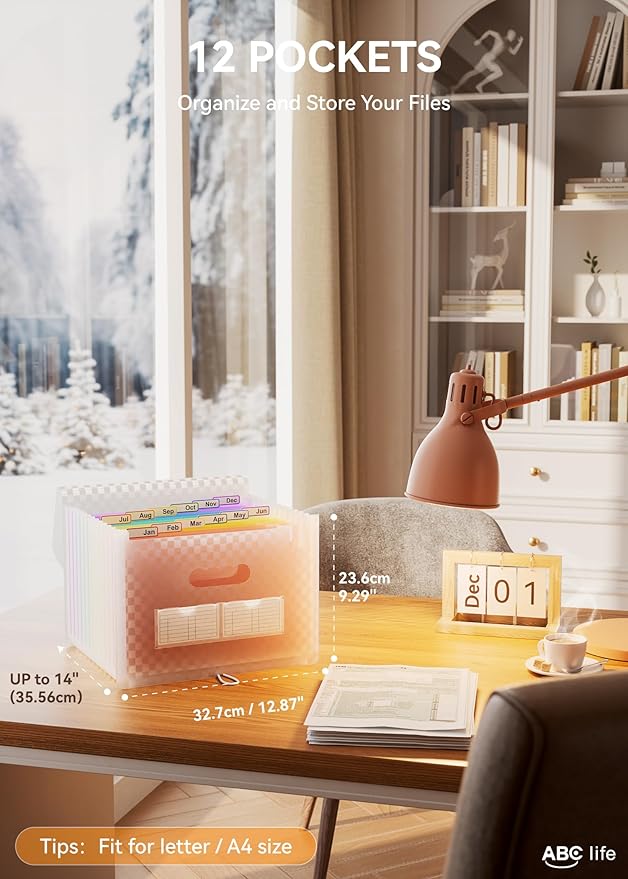 ABC life 12 Pockets Accordion File Organizer Expanding File Folders, Portable Monthly Bill Receipt Document Organiser, Expandable Accordian Filing Folder Letter A4 Size, Colored Tabs (Pink)