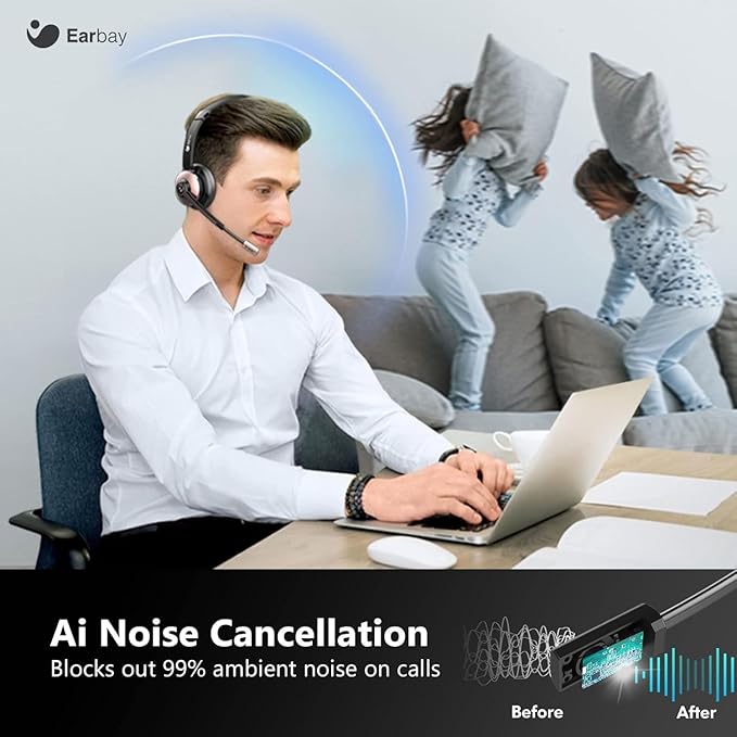 Earbay Wireless Headset - Bluetooth Headphones with Microphone Noise Canceling & Mute, Bluetooth Headset with USB Dongle/Charge Dock for PC Computer Cell Phone Work Office Meetings Call Teams