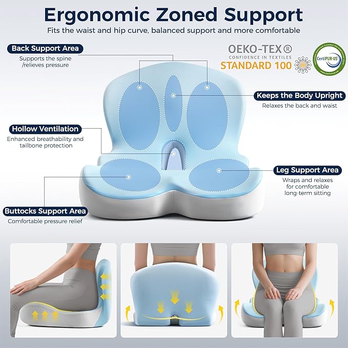 Seat Cushion, Office Chair Cushions for Tailbone Relief, Seat Cushions for Office Chair with L-Shaped Ergonomic Design, Memory Foam Chair Cushion for Long Sitting Office Worker(Blue Grey)