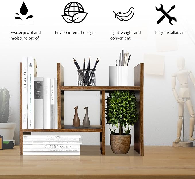 BROWN-BROWN Adjustable Wood Desk Shelf Organizer Office Home Multipurpose Desktop Shelf, Display Shelf Rack Top Mini Bookcase, Free Style Display Desktop Organization