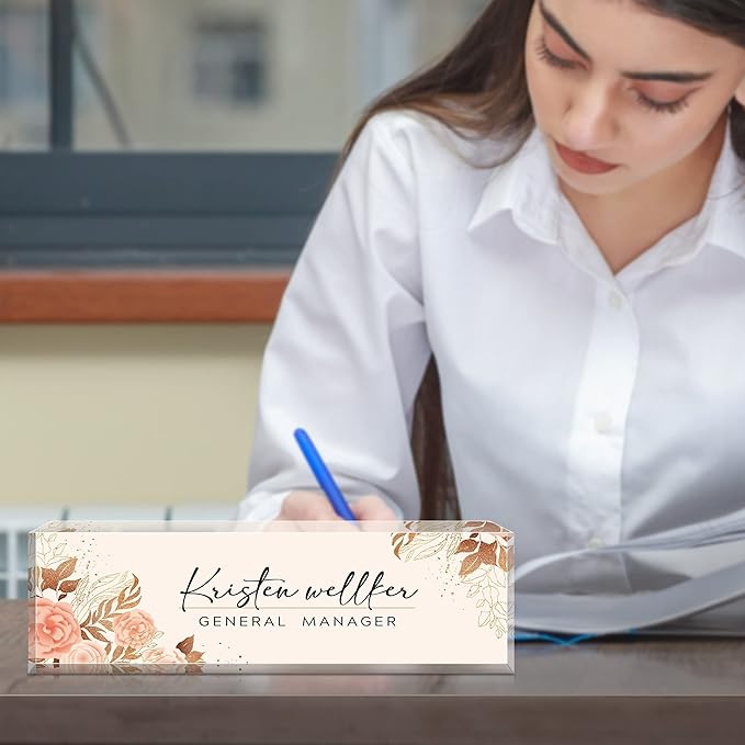 Desk Name Plate Personalized, Premium Pink Golden Hibiscus Flowers Acrylic Desk Name Plate, Personalized Name Plate for Desk, Office Decor for Women or Men Coworkers, Boss, Employee, Teacher