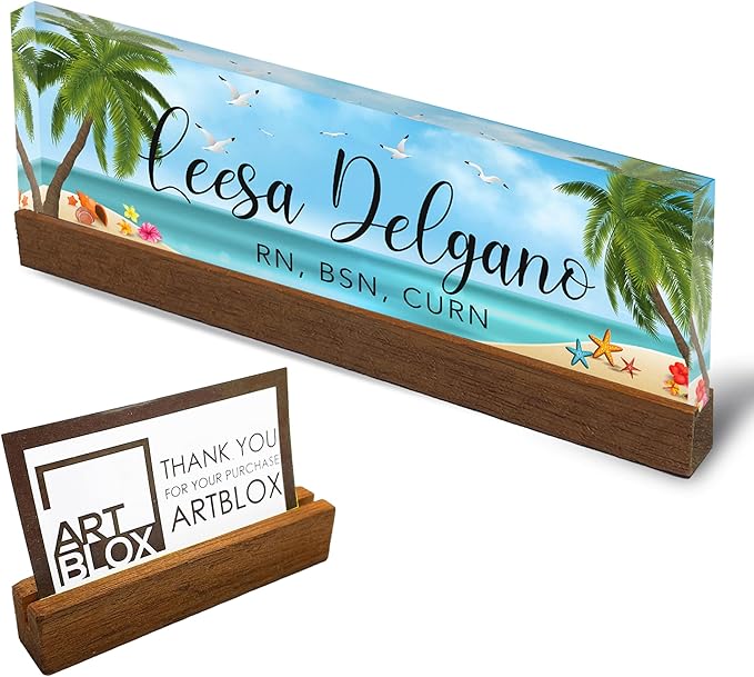 Artblox Personalized Office Desk Name Plate and Business Card Holder | Clear Acrylic Glass with Teak Wood Stand | Sand Beach Design Customized with Your Name and Credentials Office Desk Decor