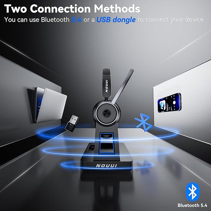 Wireless Headset with Mic for Work, Wireless Headphones with Mic(Noise Cancelling), Bluetooth Headset with Microphone, Mute Button & Charge Base for Work from Home/PC/Call Center/Computer/Zooms/Teams