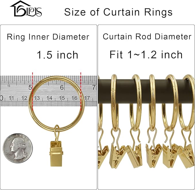 LLPJS 40 Pack Metal Curtain Rings with Clips, Curtain Clip Rings Hooks for Hanging Drapery Drapes Bows, Curtain Rod Rings 1.5 inch Interior Diameter, Gold