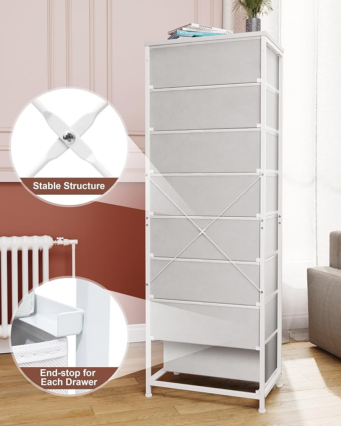 Crestlive Products Tall Dresser, 8-Drawer Fabirc Storage Tower, Chests of Drawers - Vertical Organizer Unit for Bedroom, Hallway, Entryway, Nursery, Closets - Steel Frame, Wood Top & Handles (White)