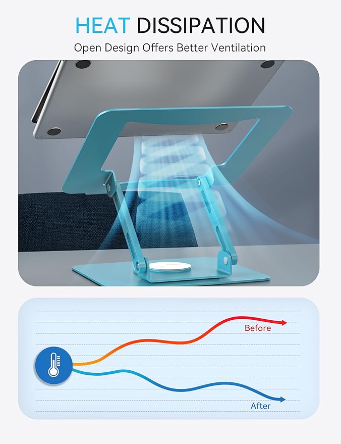 SOUNDANCE Laptop Stand with 360° Rotating Base, Ergonomic Computer Riser for Desk, Adjutable Height Muti-Angle, Foldable Laptop Mount, Stable Metal Holder Support 10-15.6" Notebook PC, Blue