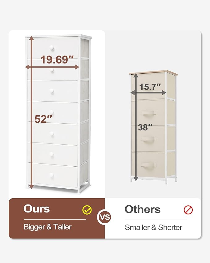 Crestlive Products Tall Dresser, 7-Drawer Fabric Storage Tower, Chests of Drawers - Vertical Organizer Unit for Bedroom, Hallway, Entryway, Nursery, Closets - Steel Frame, Wood Top & Handles (White)