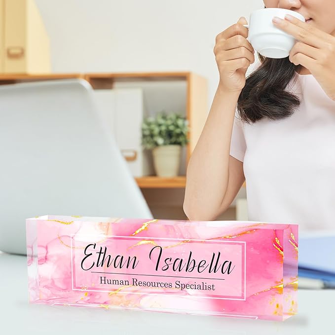 Custom Name Plate for Office - Personalized Desk Decor, Employee Appreciation Gifts - Pink Marble