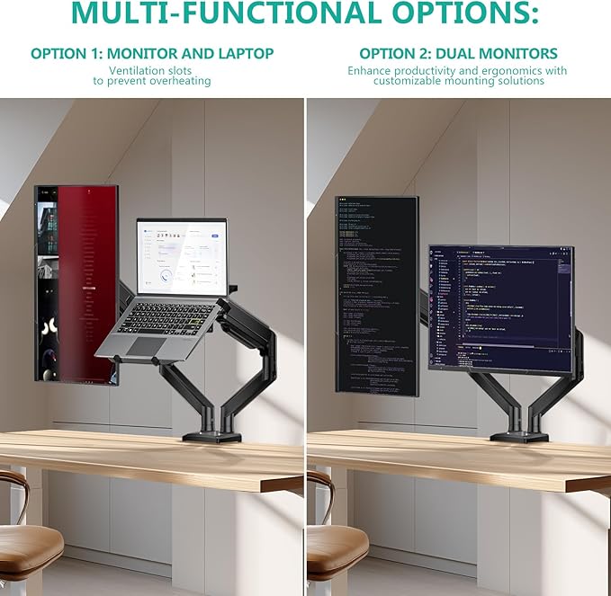 WALI Laptop Mount for Desk, Monitor Arm Mount for 17"-32”Computer Screen and 11.6" - 17.3" Notebook,Dual Monitor Mount Holds up to 19.8lbs, Laptop Tray Stand with Gas Spring Arm (GSMP002LP), Black