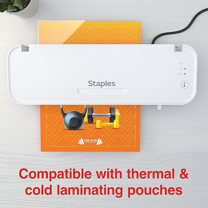 Staples Thermal Laminator Machine, 9.5 Inch W, Dual-Function Hot & Cold Laminating, Office Presentation Supplies, White/Gray