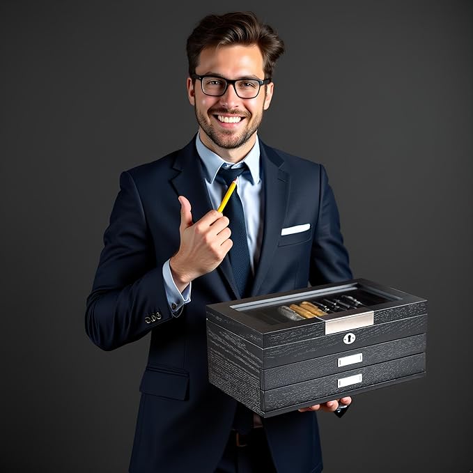 Wood Pen Display case 36 Slot Fountain Pen Organizer Storage Box with Drawer, Top Glass Window and Lockable Pen Collection Box for Men Gift (36 Slots - Black w Black Velvet)