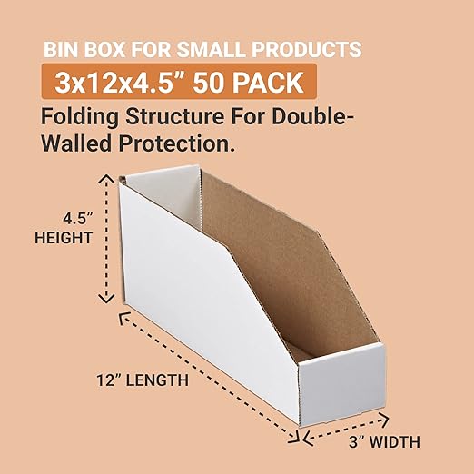 AVIDITI Corrugated Cardboard Storage Bins Holder 3" x 12" x 4.5" (50 Pack), Open Top Durable and Ideal for Organizing Parts Bin Work Areas Packing Moving and Storage - White, 50 Pack