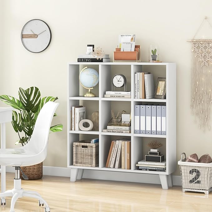 Giantex 9-Cube Open Bookcase of 2, 3-Tier Freestanding Bookshelf with 4 Slanted Legs & 6 Removable Shelves, Modern Cubby Storage Organizer, Wood Display Book Shelf for Living Room Bedroom Study, White