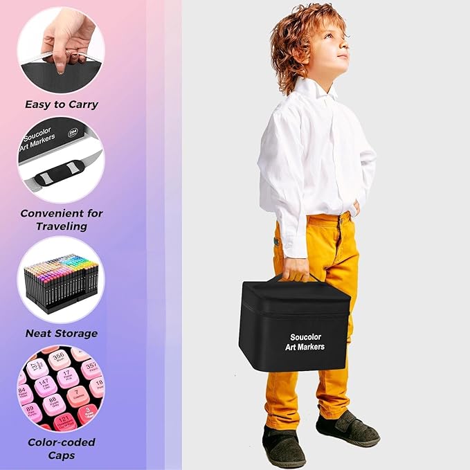 Soucolor Alcohol Markers 100 Colors with Case & Holders, Dual Tips Chisel & Fine Art Markers for Adult Coloring Kids Drawing, Artist Markers Art Supplies for Blending Sketching