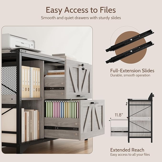 44" File Cabinet, Lateral Filing Cabinet for Home Office with 2 Drawers, Office Storage Cabinet with Lock and Key, Wooden Printer Stand with 4 Storage Shelves and Power Outlets