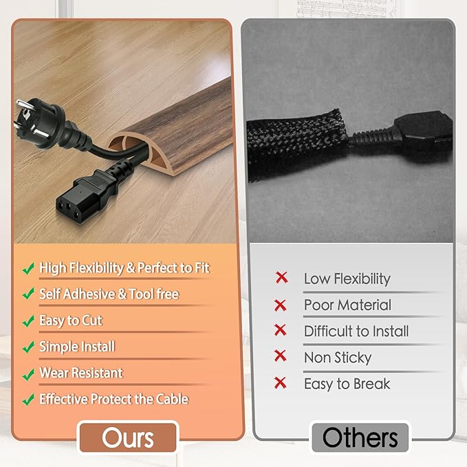 Floor Cord Cover for Wires on Floor Self Adhesive Cord Hider Floor Cable Management Wire Covers for Cords Protector Prevent Cable Trips Cord Cavity W 0.59" x H 0.31", Misty Brown Wood, 20Ft