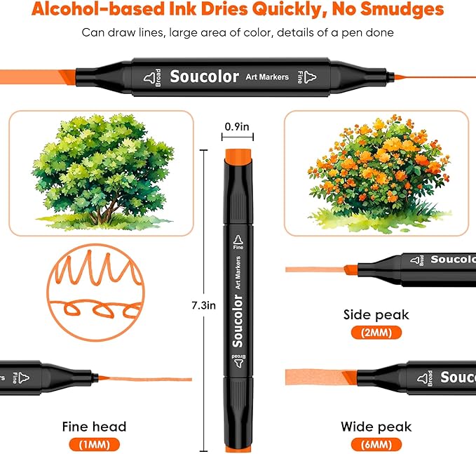 Soucolor Alcohol Markers Set, 60 Colors Dual Tip Art Alcohol Markers for Adults Coloring Drawing Sketching Book Painting Card Making Illustration
