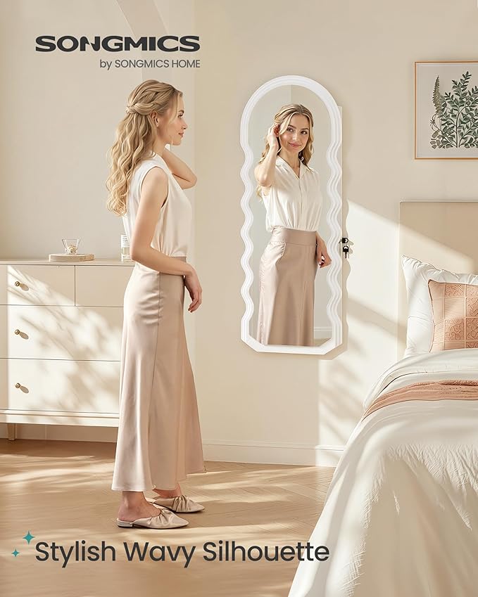 SONGMICS Mirror Jewelry Cabinet Wall Mounted Over the Door, Hanging LED Jewelry Organizer, Lockable Wavy Wide Mirror with Storage, Interior Lights, 3.9 x 16.5 x 42.5 Inches, White UJJC031W01