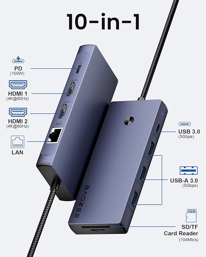 Laptop Docking Station Dual Monitor, 10-in-1 USB-C Hub with Dual HDMI 4K, Ethernet, PD 100W Charging, USB 3.0 USB-A and USB-C with 5Gbps Data Transfer, SD/TF Card Reader, for MacBook, and More