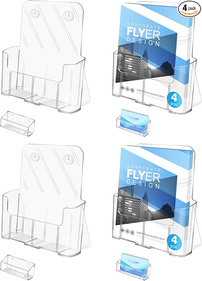 Acrylic Brochure Holder 8.5 x 11, 4 Pack Clear Brochure and Business Rack Card Holder Stand, Wall Mount Flyer Holder for Store Office Magazine Pamphlet Literature Document Menu Journals