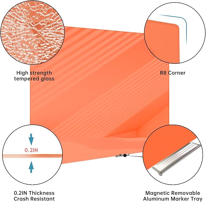 Magnetic Glass Whiteboard - Glass Dry Erase Board 48"x36" Large Frameless Glass Board for Walls Office School and Home, Orange