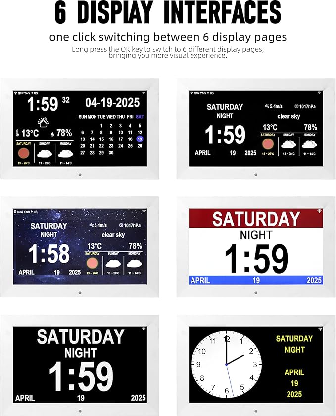 Digital Alarm Clock, Multiple Alarm Functions, Clock with Date and Week, Digital Alarm and Electronic Calendar for Seniors (White, 10 inch WiFi)