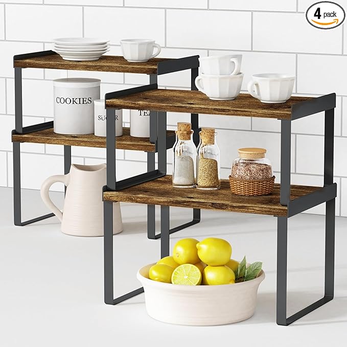 Kitchen Cabinet Organizers and Storage Shelves, Rustic Farmhouse Desk Shelf Riser for Cabinets, Black Expandable Corner Glasses Medicine Cabinet Organizer under Bathroom Sink - Set of 4